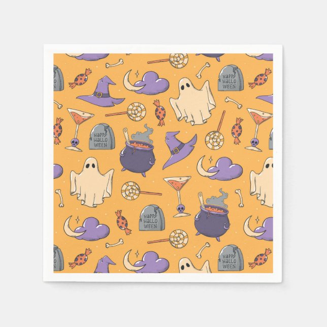 Playful Halloween Ghosts and Witches Pattern Napkin (Front)
