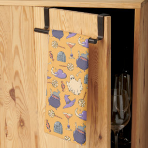 Playful Halloween Ghosts and Witches Pattern Tea Towel