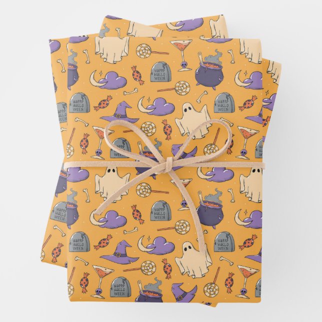 Playful Halloween Ghosts and Witches Pattern Wrapping Paper Sheet (In situ)