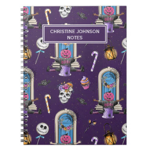 Playful Halloween Pattern in a Purple Background Notebook