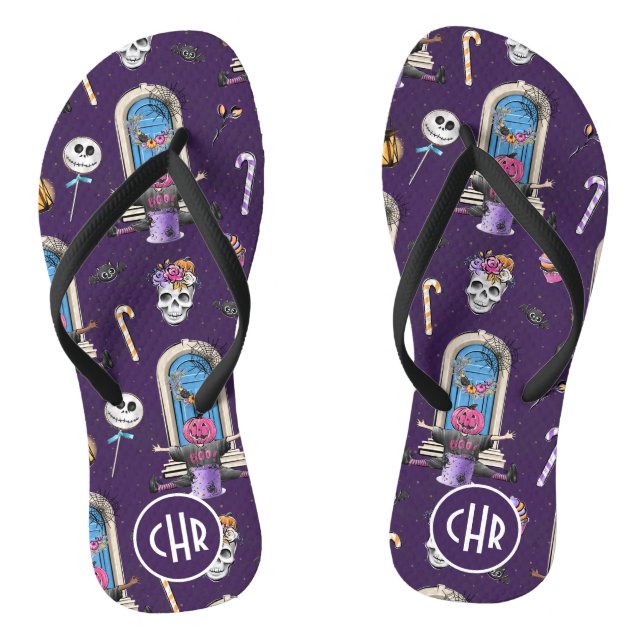 Playful Halloween Pattern in a Purple Background Thongs (Footbed)