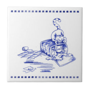 Playful Hamper Kitty Cats Bathroom Toile Look Ceramic Tile