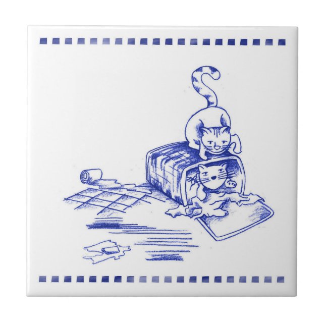Playful Hamper Kitty Cats Bathroom Toile Look Ceramic Tile (Front)