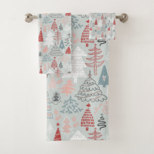 Playful Hand-Drawn Christmas Trees Red Sage Green Bath Towel Set