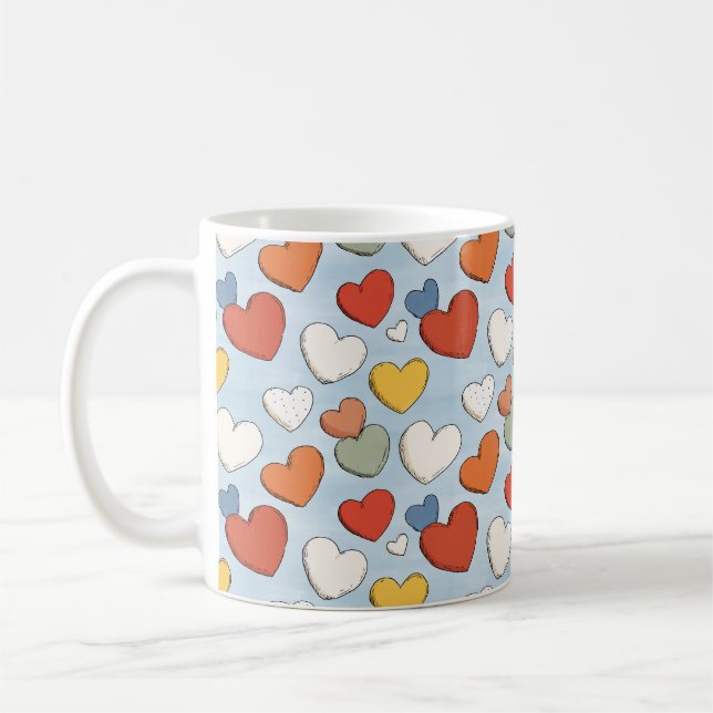 Playful Hand Drawn Heart Pattern Coffee Mug (Left)