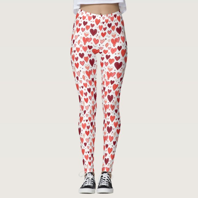 Playful hand drawn red hearts pattern on white  leggings (Front)