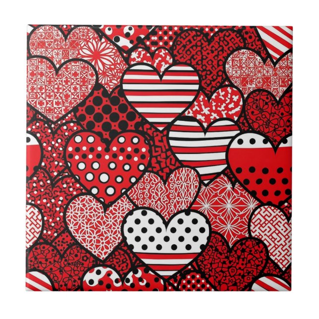 Playful Hand-Drawn Valentine Hearts Pattern (14) Ceramic Tile (Front)