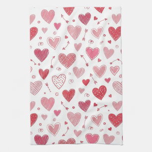 Playful Hand-Drawn Valentine Hearts Pattern (1) Tea Towel
