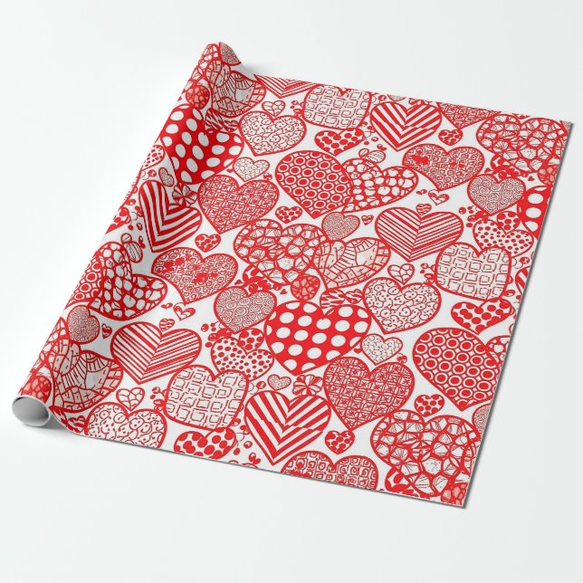 Playful Hand-Drawn Valentine Hearts Pattern (8) Wrapping Paper (Unrolled)
