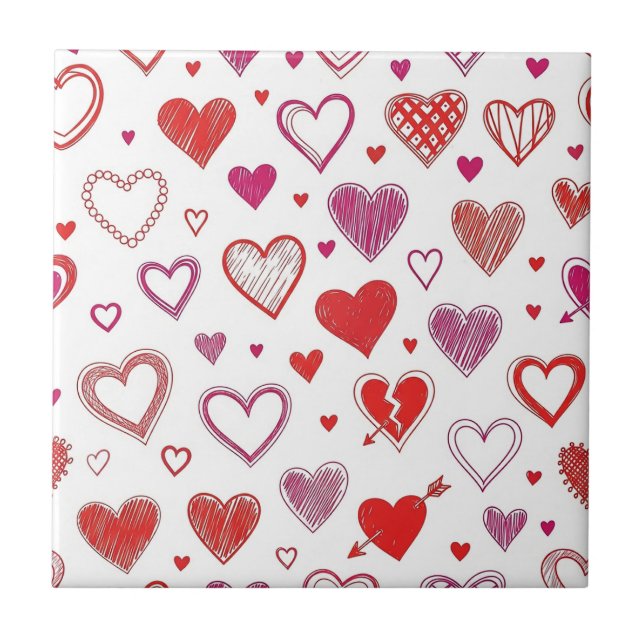 Playful Hand-Drawn Valentine Hearts Pattern Ceramic Tile (Front)