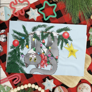Playful Hanging Christmas Tree Grey Cat Tea Towel