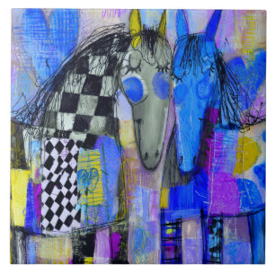 Playful Hearts And Chequerboard Horses Ceramic Tile
