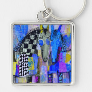 Playful Hearts And Chequerboard Horses Key Ring