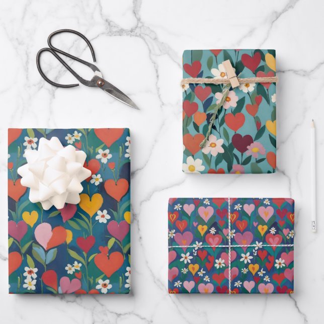 Playful Hearts Floral Wrapping Paper Sheet (Front)