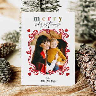 Playful Hearts Ribbon Bow Merry Christmas Photo Holiday Card