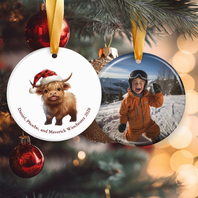 Playful Highland Cow Personalised Round Ornament (Creator Uploaded)