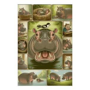 Playful Hippo & Bird Art Print – 13 Illustrated