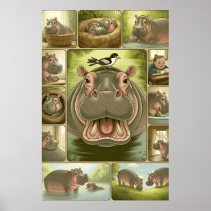 Playful Hippo & Bird Art Print – 13 Illustrated