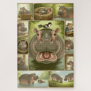Playful Hippo & Bird Art Print – 13 Illustrated Jigsaw Puzzle