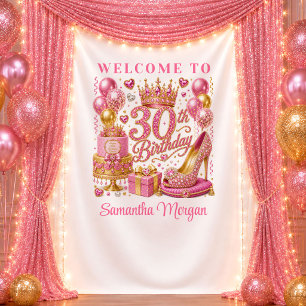 Playful Hot Pink Sparkle 30th Birthday Backdrop Tapestry
