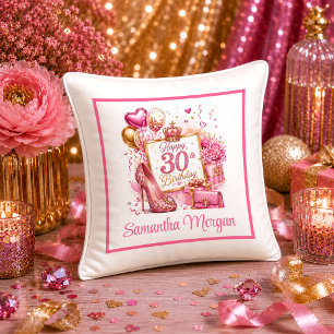 Playful Hot Pink Sparkle 30th Birthday Pillow