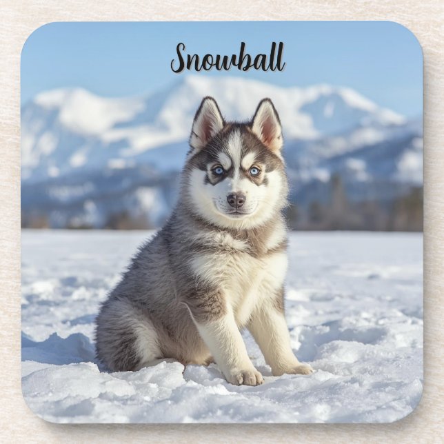 Playful Husky Personalised Beverage Coaster Set (Front)