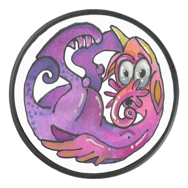 Playful imaginary Creatures & Monsters Hockey Puck (Front)