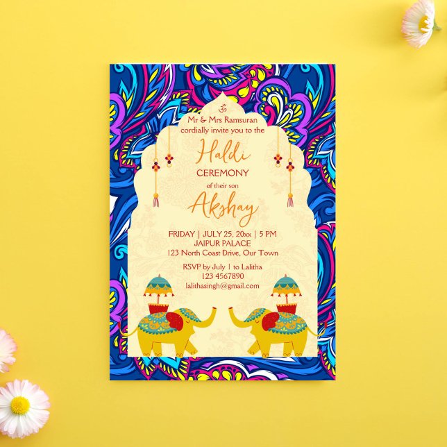 Playful Indian wedding elephants blue yellow haldi Invitation (Haldi Invitation Indian wedding elephants oriental blue pattern background Instant download)