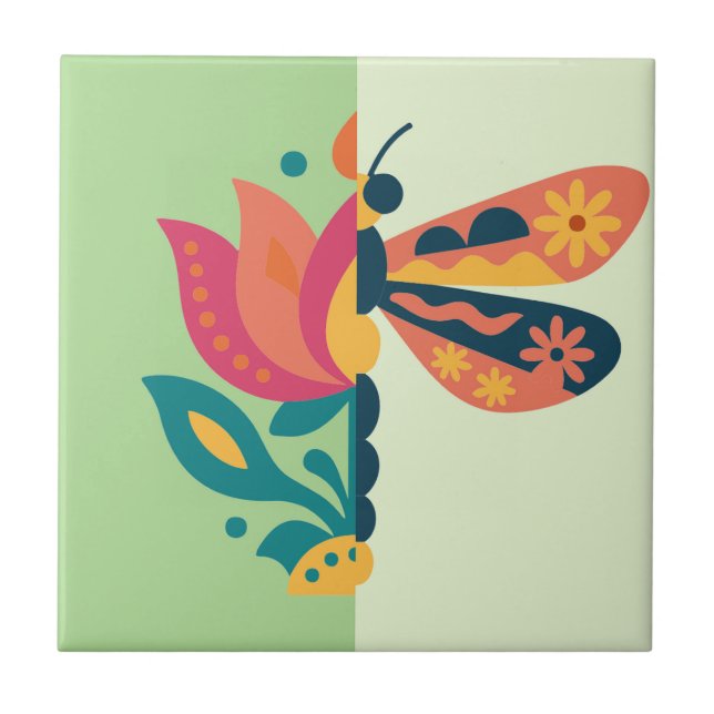 Playful insect and flower graphic design ceramic tile (Front)