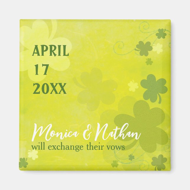 Playful Irish Shamrock Green Wedding Save the Date Magnet (Front)
