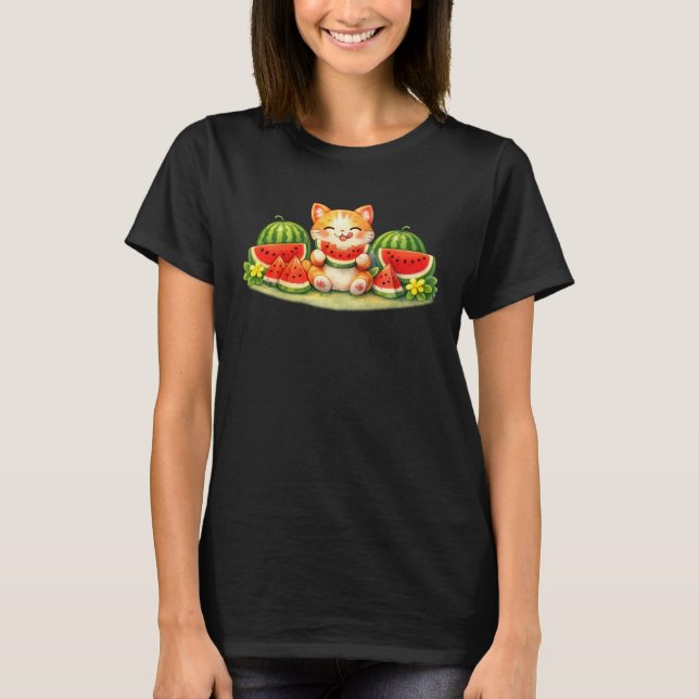 Playful Kawaii Watermelon Cat Summer CartoonDesign T-Shirt (Front)