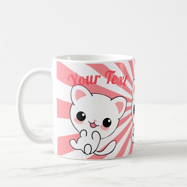 Playful Kawaii White Kitten Custom Coffee Mug (Left)
