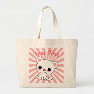 Playful Kawaii White Kitten Custom Large Tote Bag