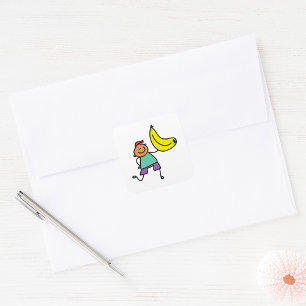 Playful Kid Holding Big Yellow Banana Square Sticker