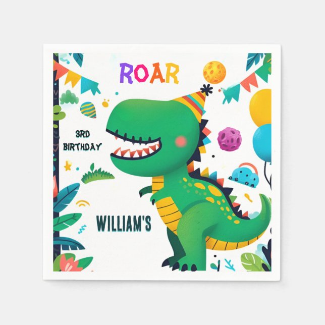 playful kids cute boys T three 3 rex 3rd birthday Napkin (Front)