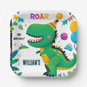 playful kids cute boys T three 3 rex 3rd birthday Paper Plate