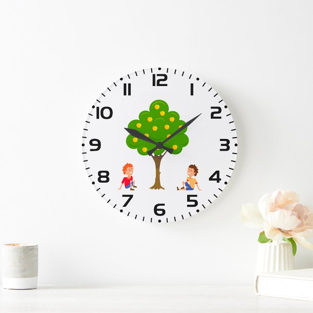 Playful Kids Sitting Under an Apple Tree Large Clock (Creator Uploaded)