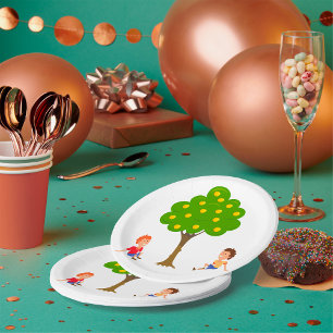 Playful Kids Sitting Under an Apple Tree Paper Plate