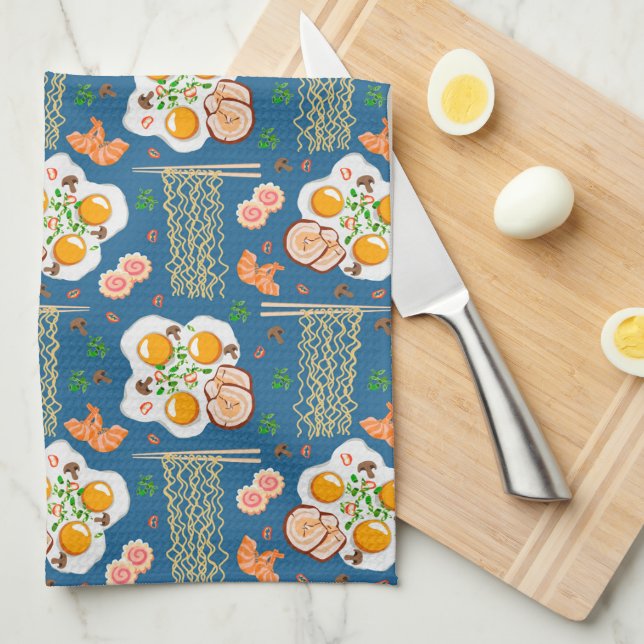 Playful Kitchen Towel with Noodles & Fried Eggs (Quarter Fold)