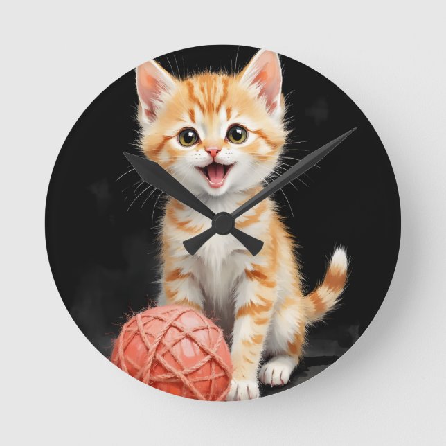 Playful Kitten Cat with Yarn Watercolor Print Round Clock (Front)