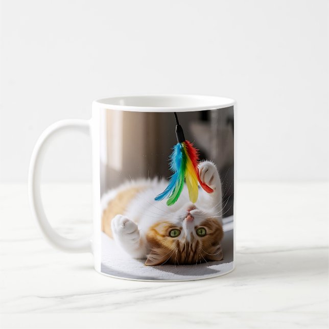 Playful Kitten Feather Coffee Mug (Left)