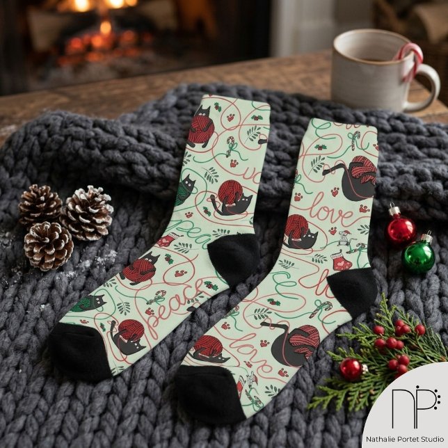 Playful Kitten Green Christmas Socks (These Playful Kitten Christmas Socks feature hand-drawn art, perfect for cat lovers this holiday.)