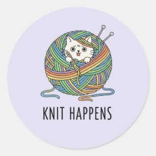 Playful Kitten Knitting Needles Craft Artist Lilac Classic Round Sticker