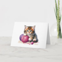 Playful Kitten Purple Pink Yarn Blank Greeting