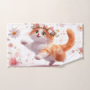 Playful Kitten with Daisy Flower Crown Hand Towel