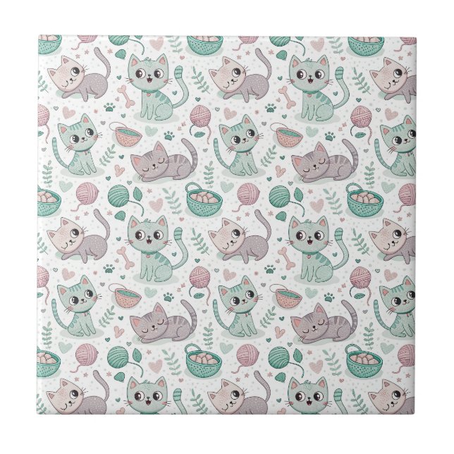 Playful Kittens & Pawprints - Cute Cat Pattern Art Ceramic Tile (Front)