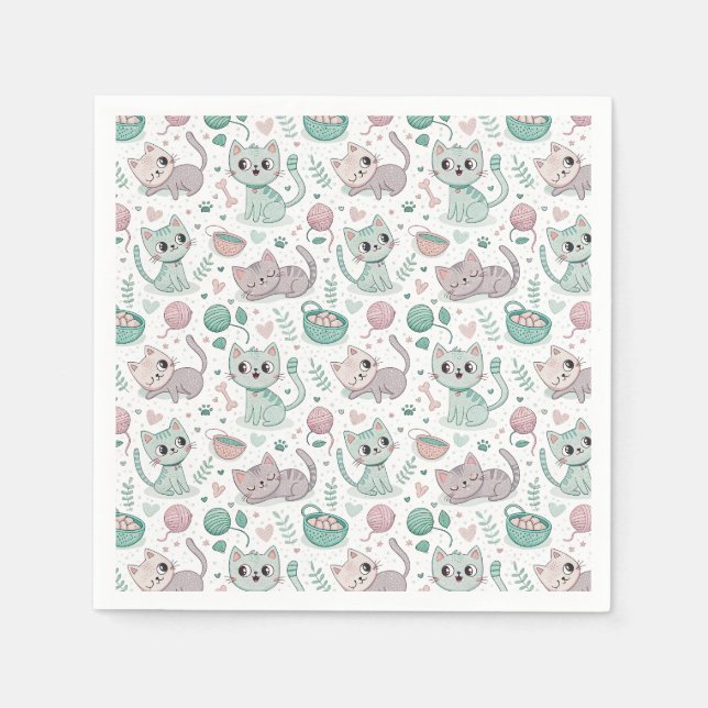 Playful Kittens & Pawprints - Cute Cat Pattern Art Napkin (Front)