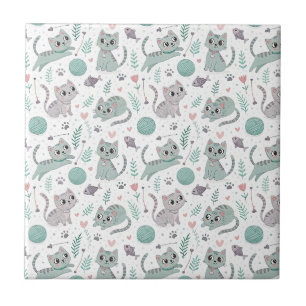 Playful Kittens, Yarn, and Fish - Cute Cat Pattern Ceramic Tile