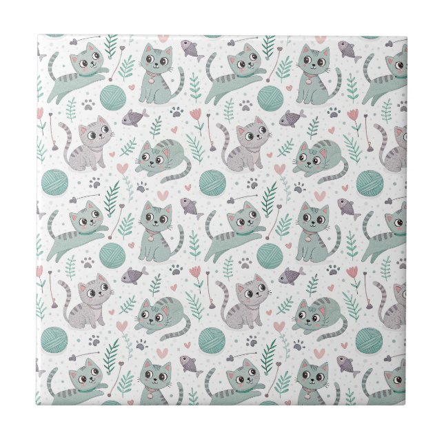 Playful Kittens, Yarn, and Fish - Cute Cat Pattern Ceramic Tile (Front)
