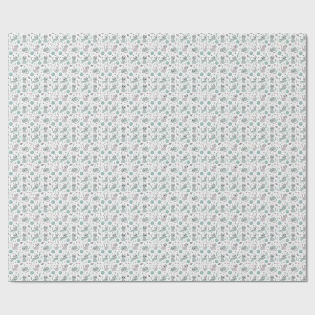 Playful Kittens, Yarn, and Fish - Cute Cat Pattern Wrapping Paper (Flat)